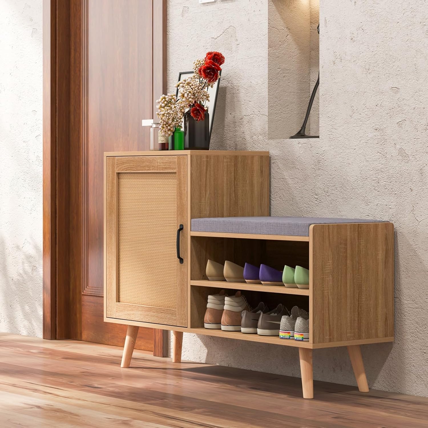 Giantex Shoe Cabinet with Shoe Bench - Rattan Shoe Storage Cabinet, Shoe Rack Organizer for 10-12 Pairs, Padding Seat Cushion