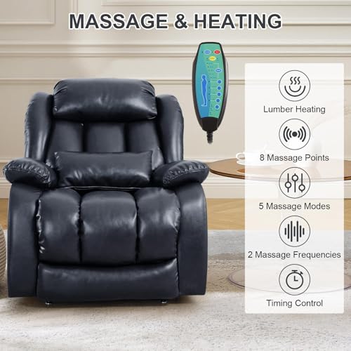 EDILLY Large Genuine Leather Power Lift Recliner Chairs for Elderly, Dual Motor with Massage and Heating,Double Lumbar Cushion and Extended Footrest