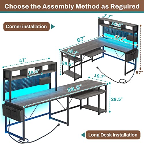 SEDETA L Shaped Gaming Desk, Reversible Computer Desk with Power Outlet and Pegboard, Gaming Desk with Led Lights