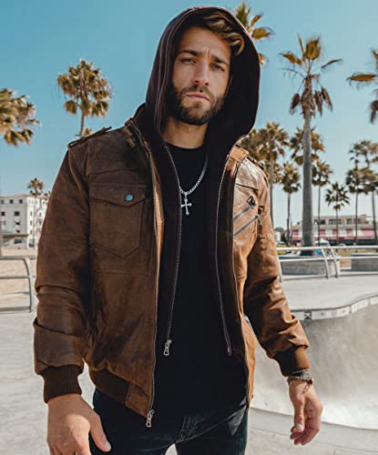 FLAVOR Men Brown Leather Motorcycle Jacket with Removable Hood