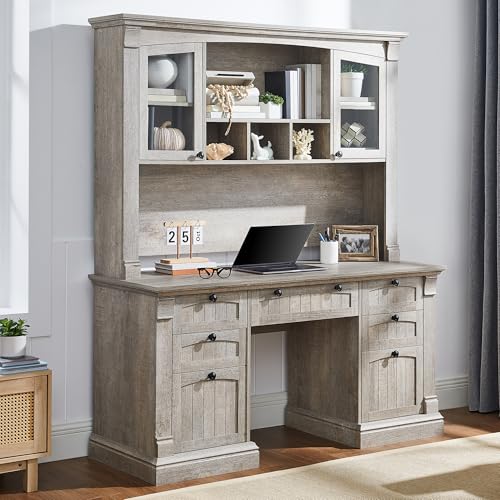 OKD 60" Executive Desk with Drawers, Farmhouse Home Office Desk with Charging Station, Keyboard Tray, File Cabinet Storage