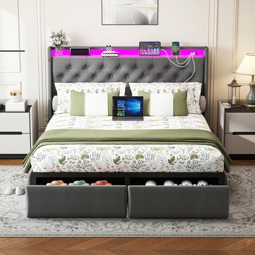 Queen Bed Frame with 2 Storage Drawers, Platform Bed Frame Queen Size with LED Light, Upholstered Headboard, Charging Station, Steel Slat Support