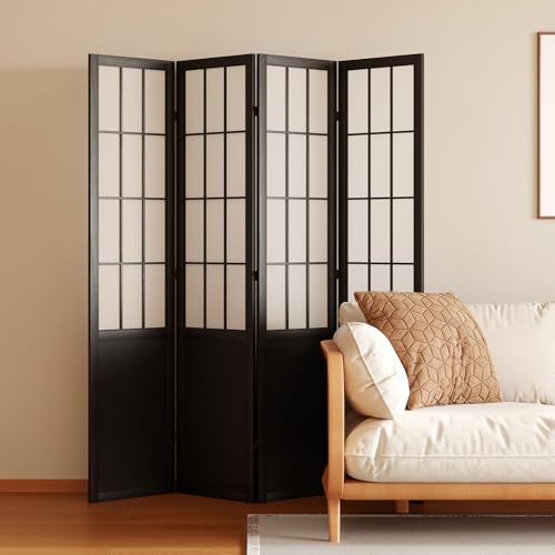 Room Divider, 66.9Inch Tall Japanese Shoji Style Folding Wood Screen with Double Hinges for Home Office Bedroom Hotel Decoration (4Panels, Black)