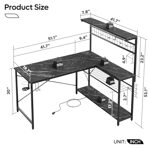 Bestier 42 L Gaming Desk,Computer Desk with Power Outlets, LED Lights, Reversible Corner Desk with 4-Tier Shelves,Cup Holder & Hook Carbon Fiber Black
