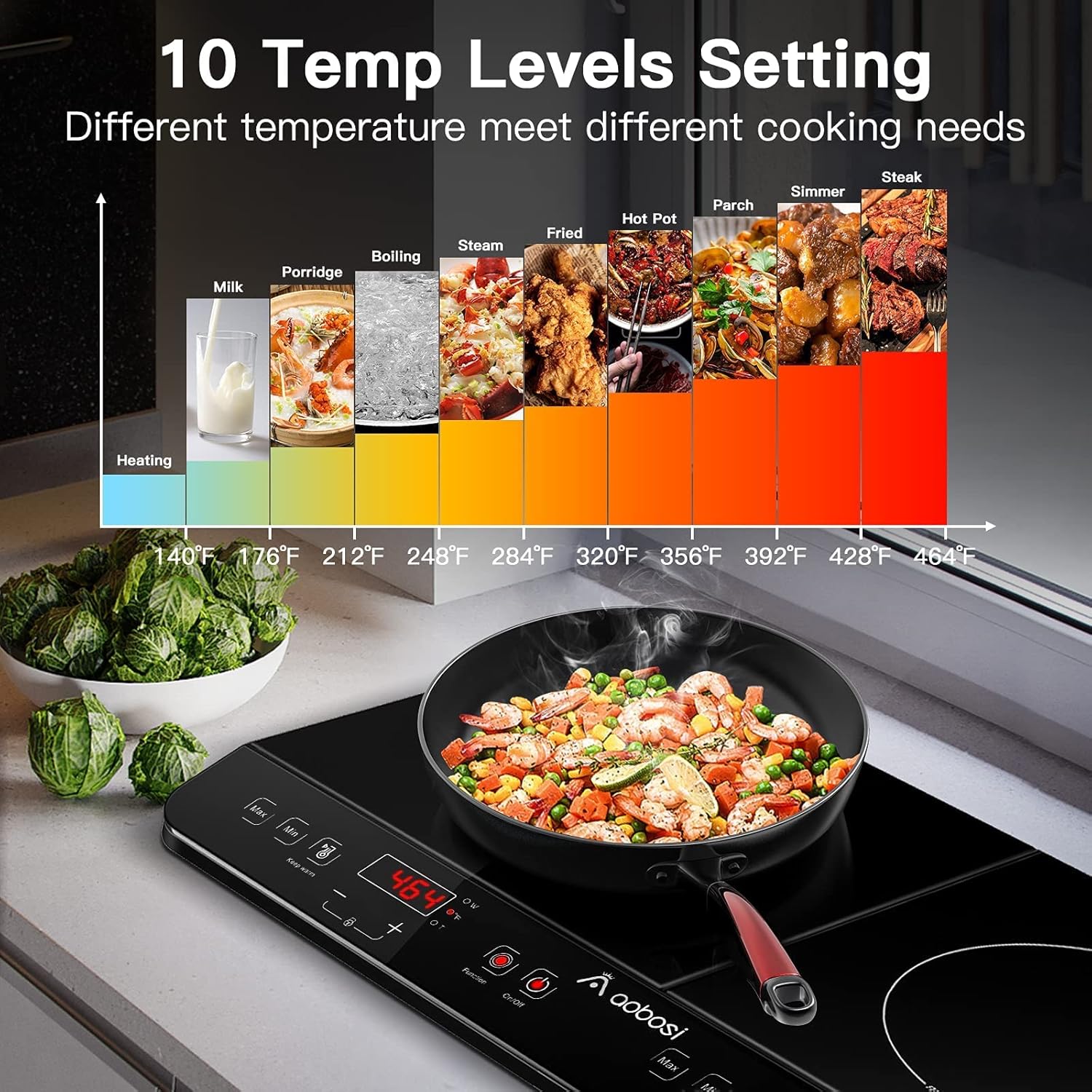 Aobosi Double Induction Cooktop Burner with 240 Mins Timer, 1800w 2 Induction Burner with 10 Temperature 9 Power Settings