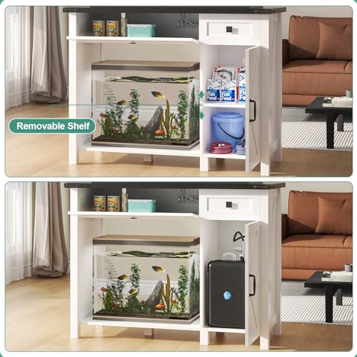 40 Gallon Aquarium Stand With Charging Station, Farmhouse Fish Tank Stand, Reptile Tank Stand Terrarium Stand with Drawer and Cabinet Storage