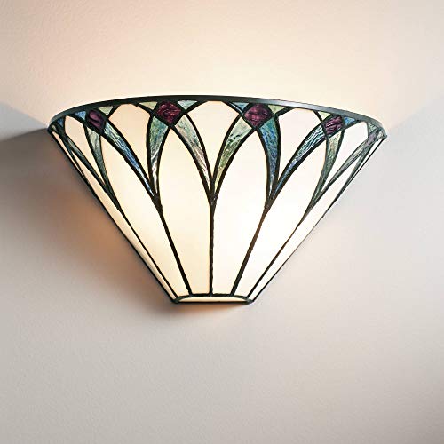 Regency Hill Filton Tiffany Style Wall Light Sconce Bronze Hardwired 12 1/4" Wide Fixture Blue White Stained Art Glass Shade for Bedroom Bathroom