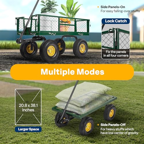 VIVOHOME Heavy Duty 880 Lbs Capacity Mesh Steel Garden Cart Folding Utility Wagon with Removable Sides and 4.10/3.50-4" Wheels 10 inch Tire (Black)
