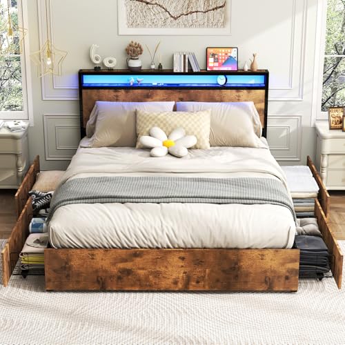 Queen Size Bed Frame with 4 Storage Drawers, LED Platform Bed with Headboard, Built in Charging Station, Noise Free, Stable and Solid