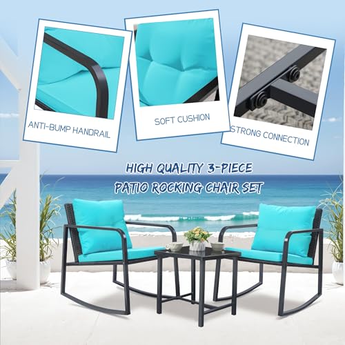 Greesum 3 Pieces Rocking Wicker Bistro Set, Patio Outdoor Furniture Conversation Sets with Porch Chairs and Glass Coffee Table, Beige