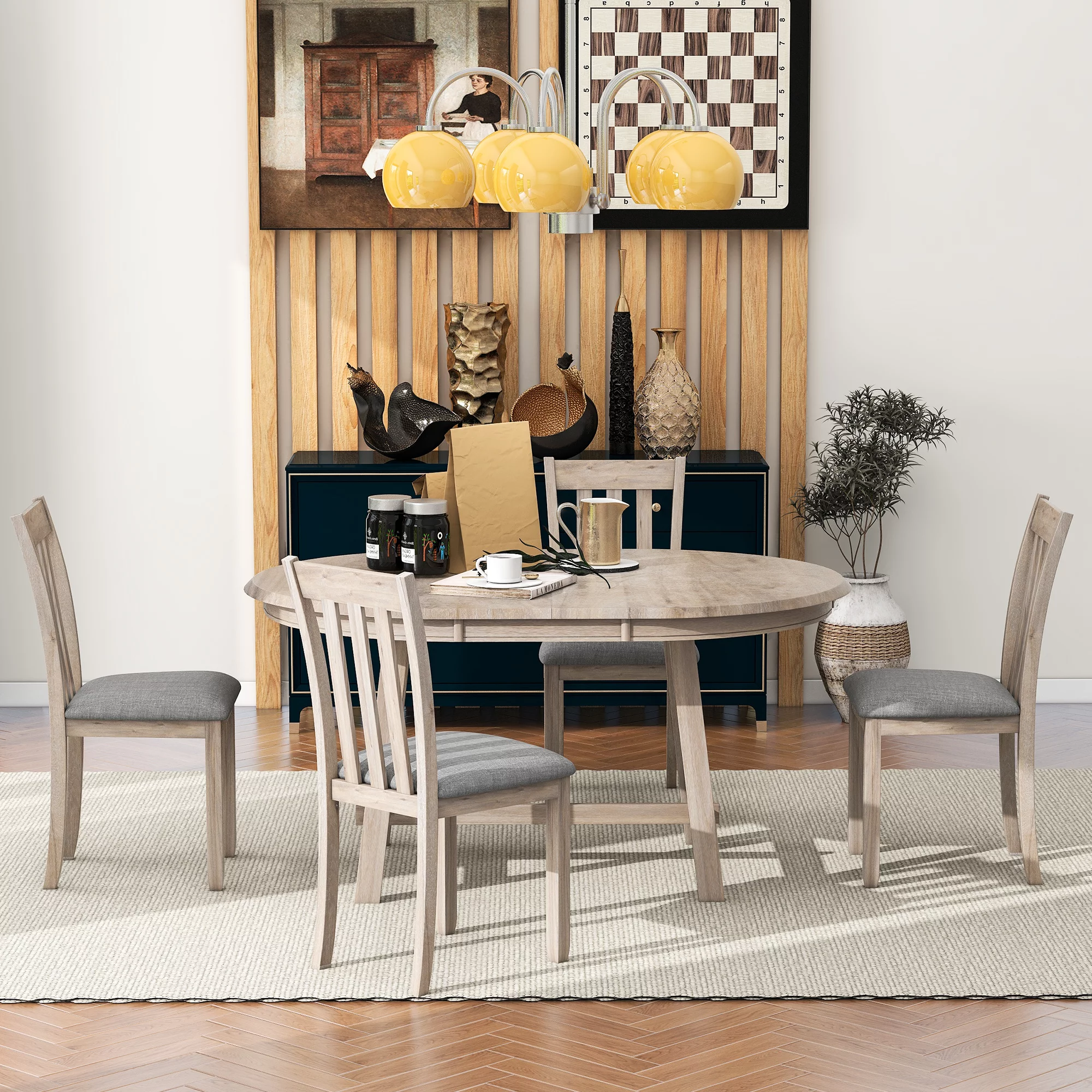 Besthome 5-Piece Wood Dining Table Set Round Extendable Dining Table with 4 Dining Chairs