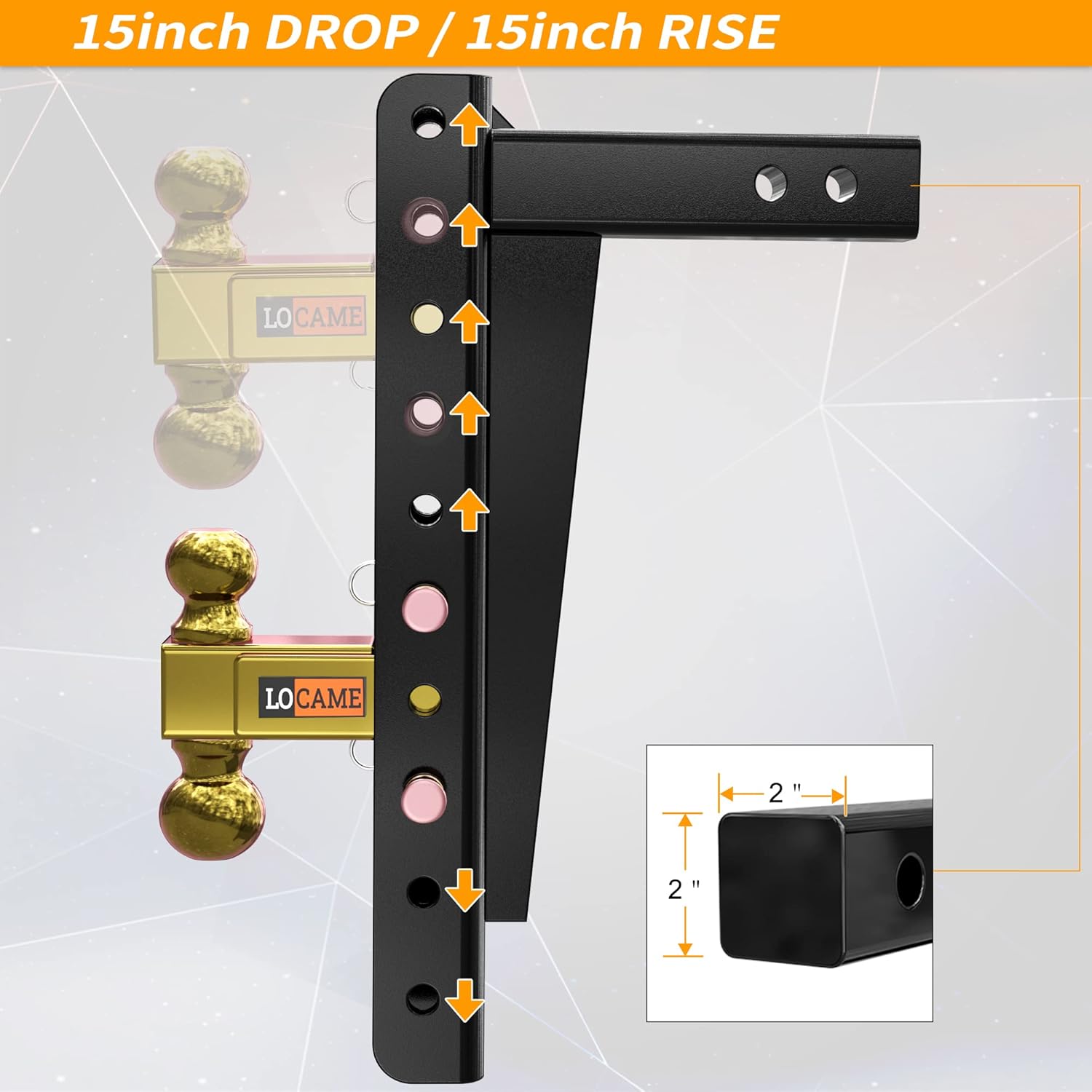LOCAME Adjustable Trailer Hitch, Fits 2-Inch Receiver, 15-Inch Drop/Rise Drop Hitch ,21,000 LBS GTW--Tow Hitch for Heavy Duty Truck with Double Pins
