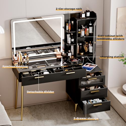 47.24" Big Modern Vanity Desk with Mirror and Lights, Vanity Desk with 29.53" HD Lighted Mirror
