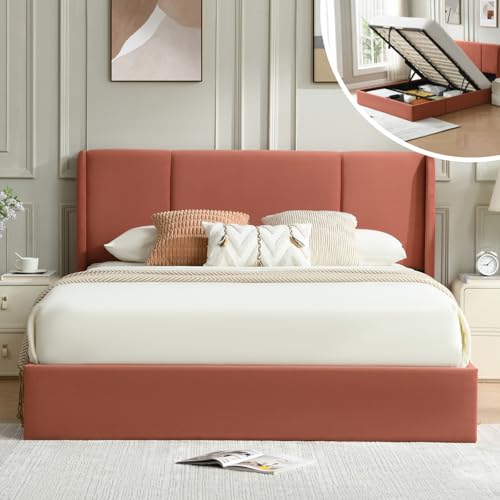 VELOCAVA Queen Size Lift Up Storage Bed with Modern Wingback Headboard, Upholstered Platform Bed with Fabric with Hydraulic Support Bars