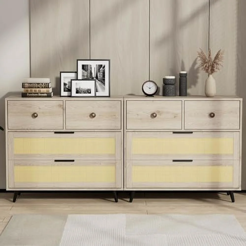 JYHOME Small 3 Drawer Dresser  Mid-Century Modern Rattan Dresser Chest with Metal Handles  Wood  Cabinet of Drawers for Bedroom  Living Room  Hallway