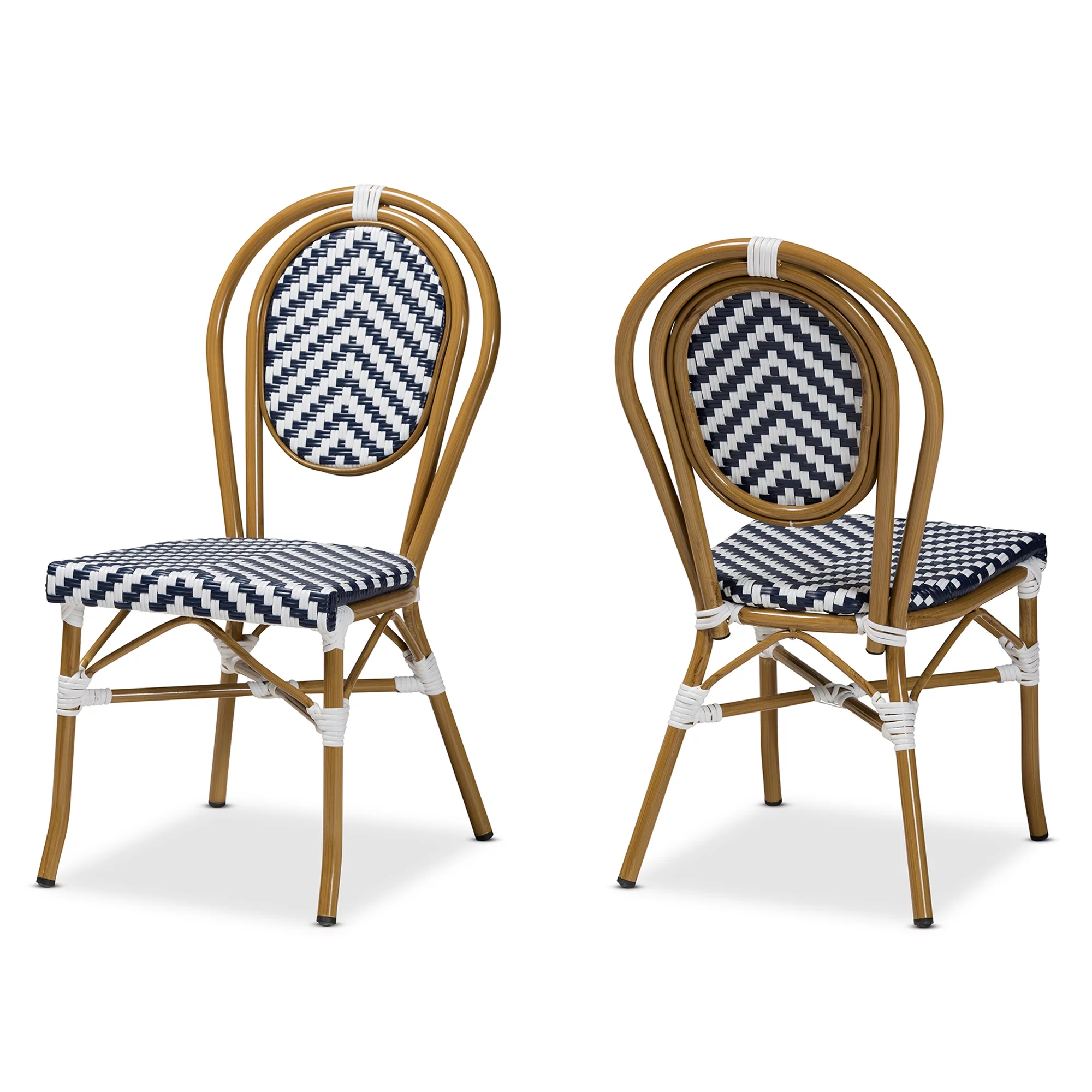 Baxton Studio Alaire Indoor and Outdoor Dining Chair - Wicker - Set of 2 - Stacking - Blue and White - Radiant Selections