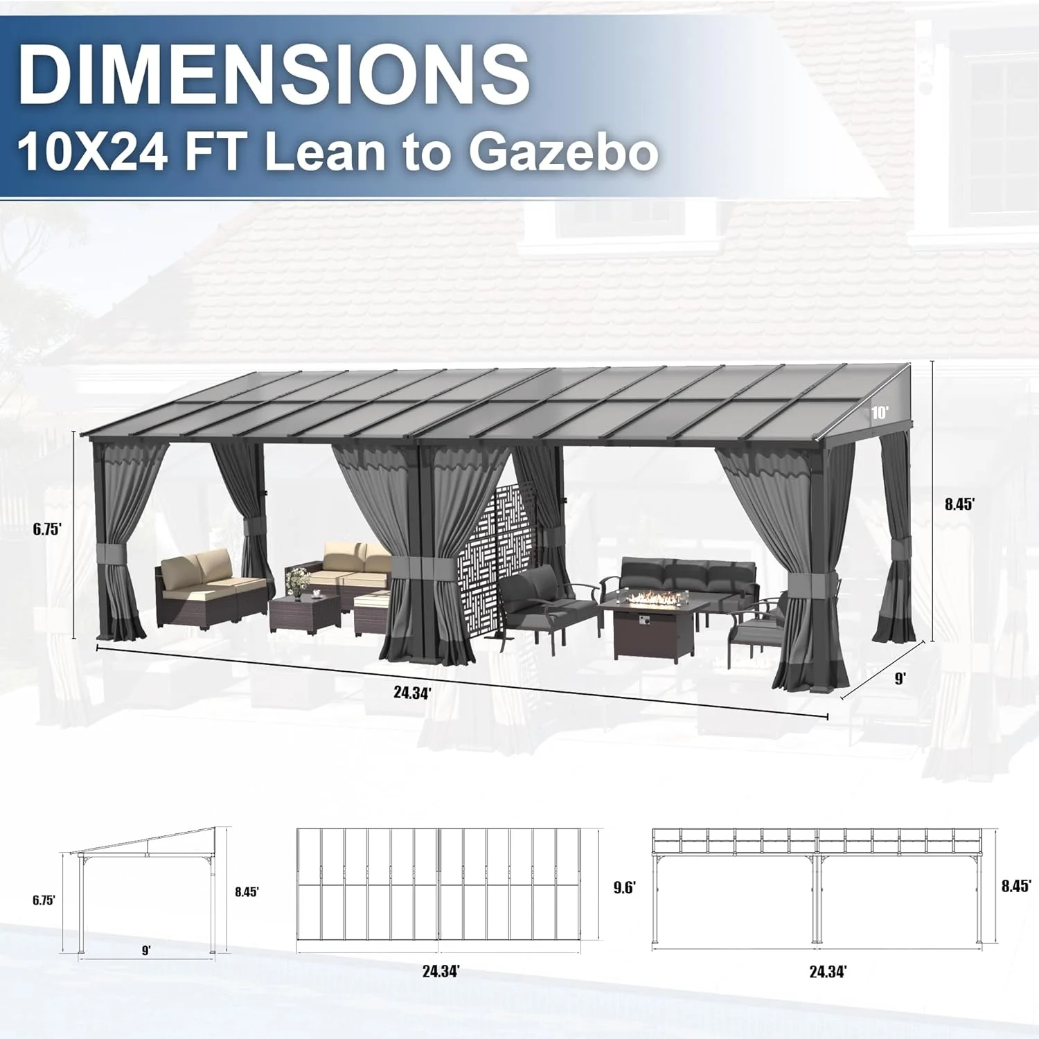 Outdoor Lean to Gazebo 10x24FT, Hardtop Wall Mounted Gazebo with Sloping Sun Panel Roof, Awnings for Patio with Metal Frame
