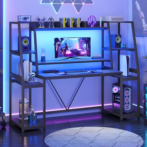 SEDETA Gaming Desk 78.8'' with LED Lights, Hutch and Storage Shelves, Computer Desk with Monitor Stand, Large PC Gamer Desk Workstation