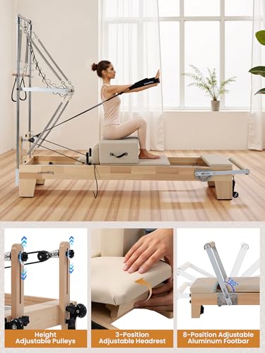 Pilates Reformer Machine, Quick-Assembly Foldable Studio Grade Pilates Equipment for Gym and Home, Oak Wood Pilates Reformer with Reformer Accessories