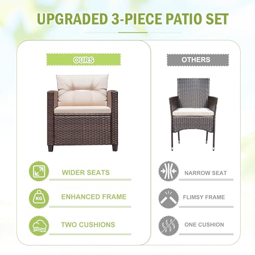 Devoko 3 Pieces Patio Furniture Set, PE Rattan Wicker Patio Set with Two Outdoor Chairs and Table, Upgraded Patio Chairs and Table for Porch