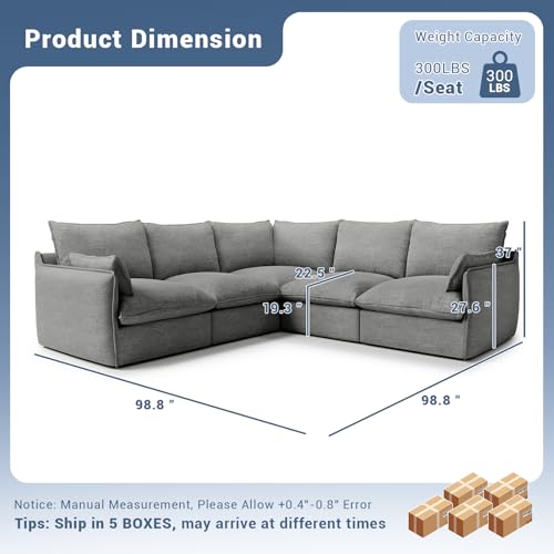 Cloud Modular Sectional Sofa, Waterproof Down Filled Sectional Sofas, High Backrest V Shaped 5 Seater Sectional Couches for Living Room