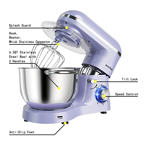 Aucma Stand Mixer,6.5-QT 660W 6-Speed Tilt-Head Food Mixer, Kitchen Electric Mixer with Dough Hook, Wire Whip & Beater (6.5QT, Black)