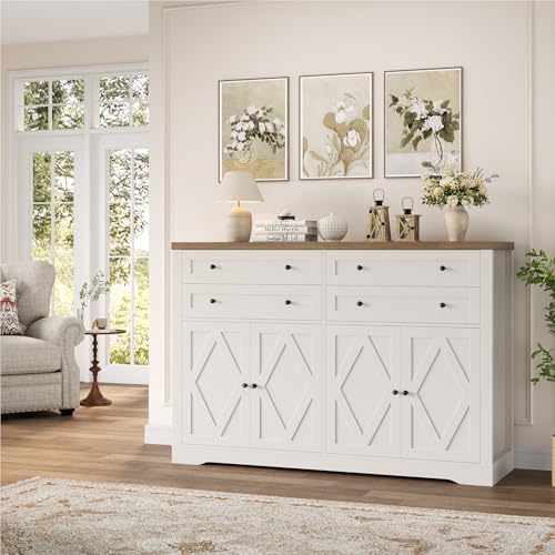 HOSTACK 55" Coffee Bar with 4 Large Drawers, 40" Tall Buffet Cabinet with Storage, Kitchen Storage Cabinet, Modern Farmhouse Sideboard Buffet