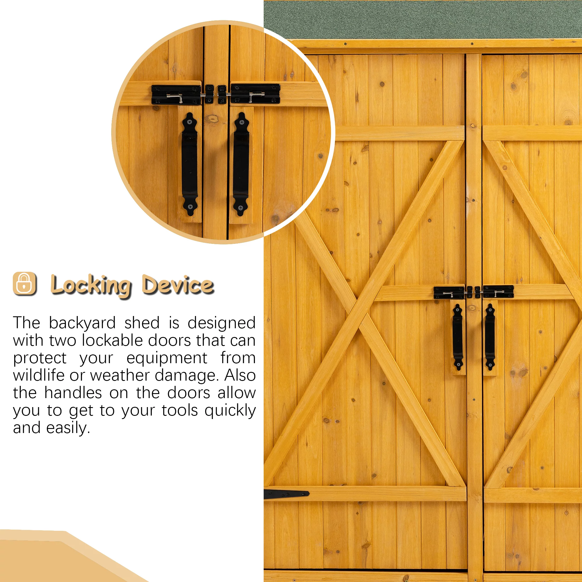 CASEMIOL Patio Storage Shed with Detachable Shelves and Hooks, Outdoor Wood Shed with Waterproof Pitch Roof, Backyard Shed with Lockable Door