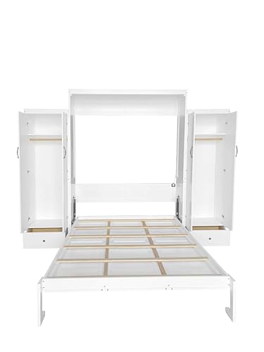 Queen Size Murphy Bed with Desk & Charging Station,Wall Bed Frame Folding into Cabinet Design w/LED & Storage Shelf for Small Space,Bedroom