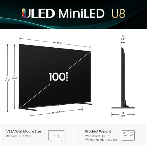 Hisense 55" Class U8 Mini-LED ULED 4K UHD Google Smart TV (55U8QG, 2025 Model) - QLED, Native 165Hz, VRR 288, Up to LD5600, 5000 Nits, HDR10+