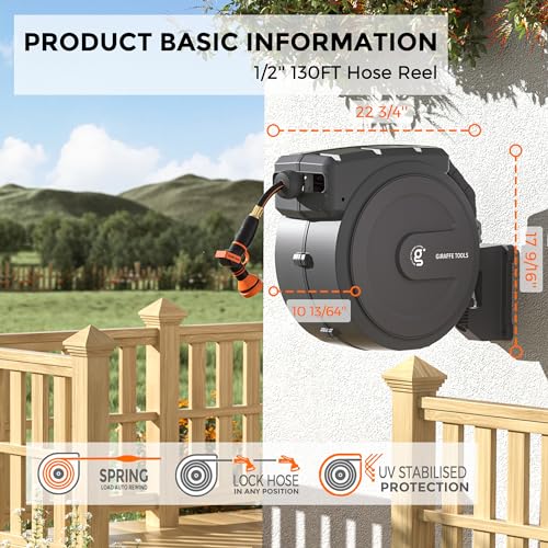 Giraffe Tools AW30 1/2MB Retractable Garden Hose Reel 1/2" x 100 ft PRO Metal Bracket, Heavy Duty, Any Length Lock Hose Reel, 100 ft, Dark Grey
