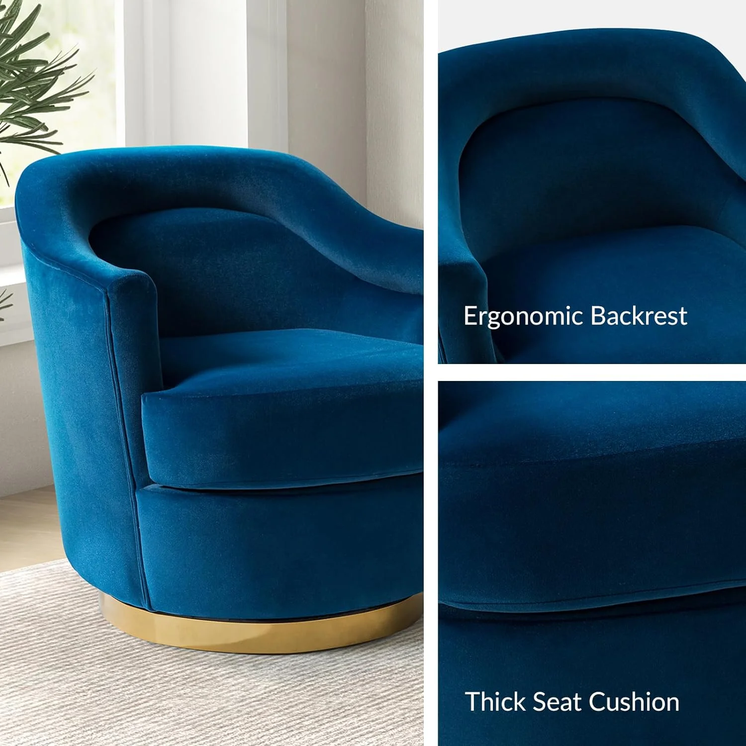 Upholstered 360 Swivel Barrel Chair Round Accent Chair Removable Cushion Single Armchair Club Sofa Metal Base Living Room Bedroom Blue