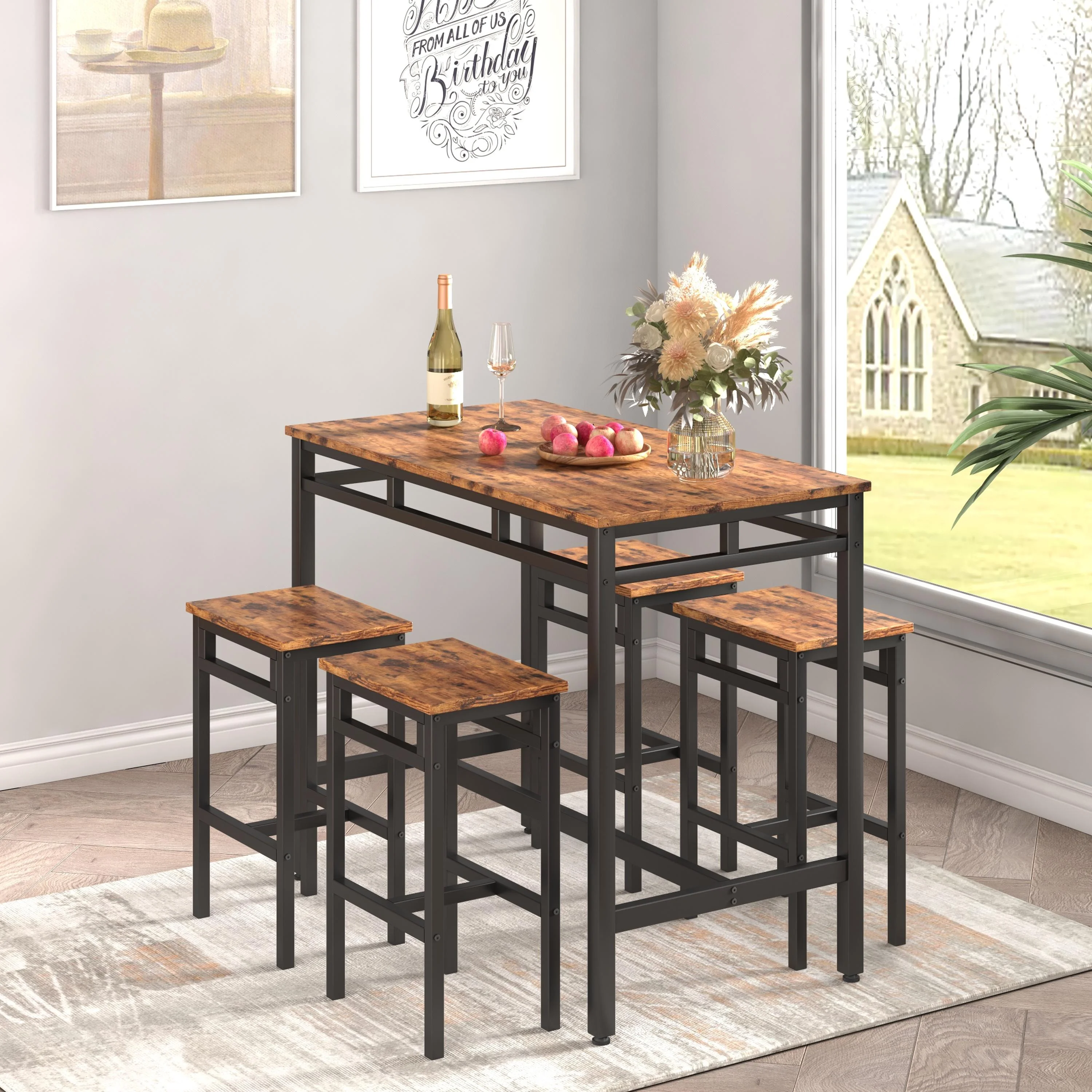 Counter Height Dining Table Set for 4, Metal Rectangle Bistro Pub Set with MDF Top, Rustic Brown Kitchen Bar Table Set