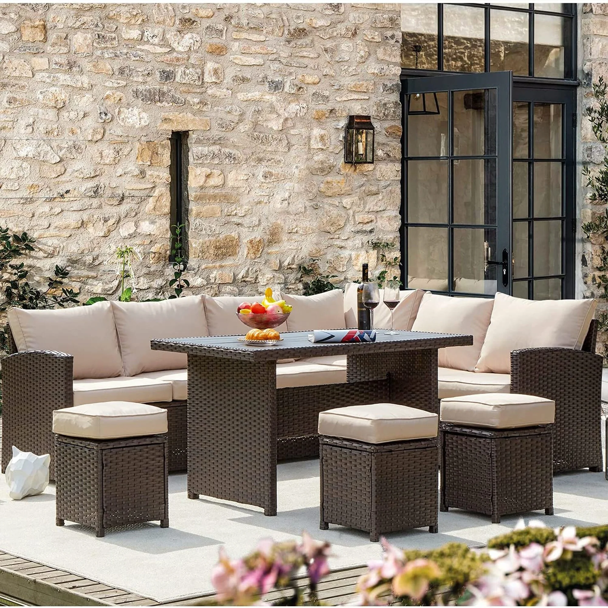 AECOJOY Outdoor 7-piece Wicker Dining Set Patio Sofa Furniture Beige - Curated Treasures Market