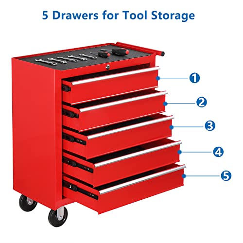 TUFFIOM 5-Drawer Rolling Tool Chest w/Drawers & Lock, Tool Storage Cabinet with Lockable Wheels, Top Cushion & Drawer Liners