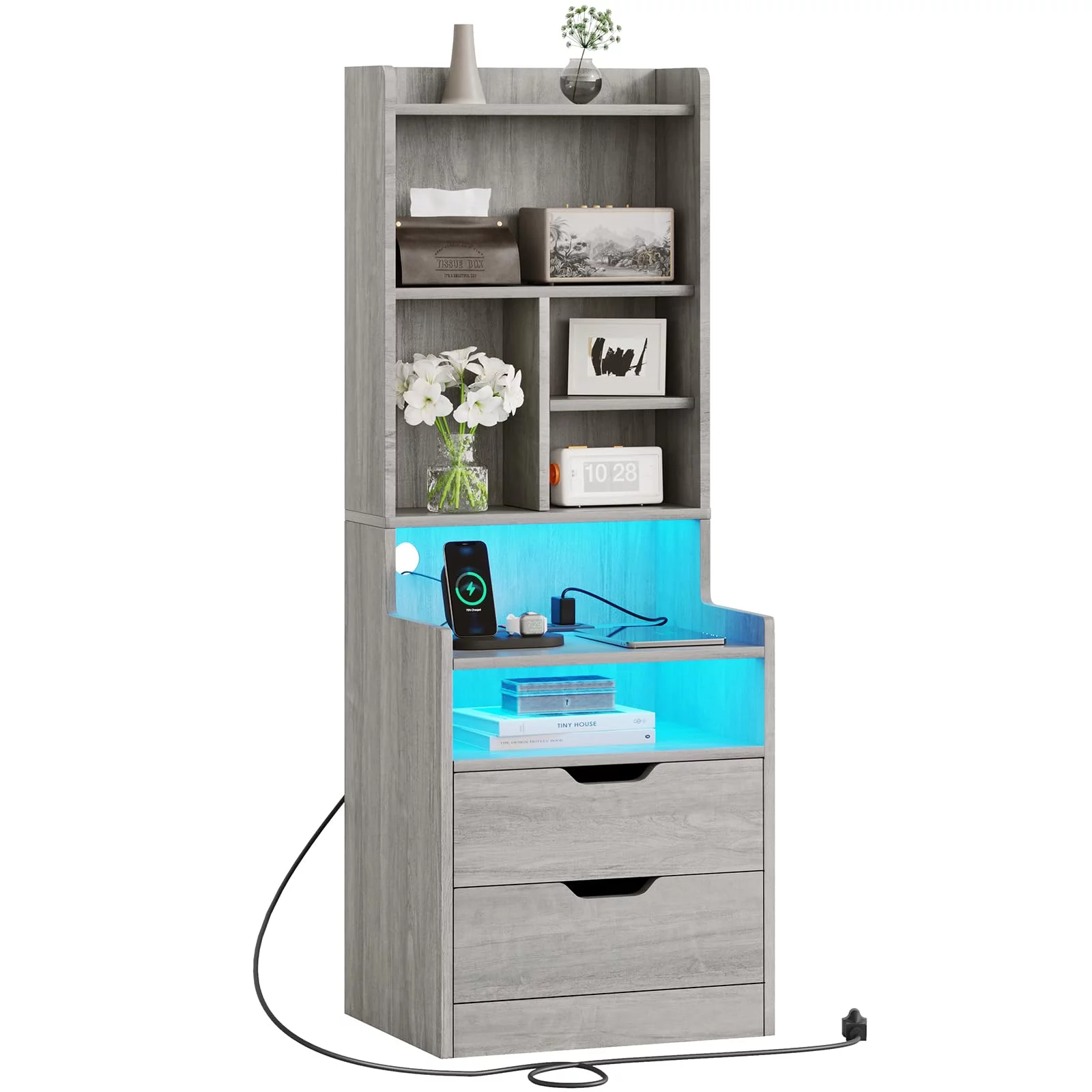 Set of 2 LED Nightstand with Charging Station for Bedroom, Gray Night Stand End Side Table with 2 Drawers&LED Lights for Living Room