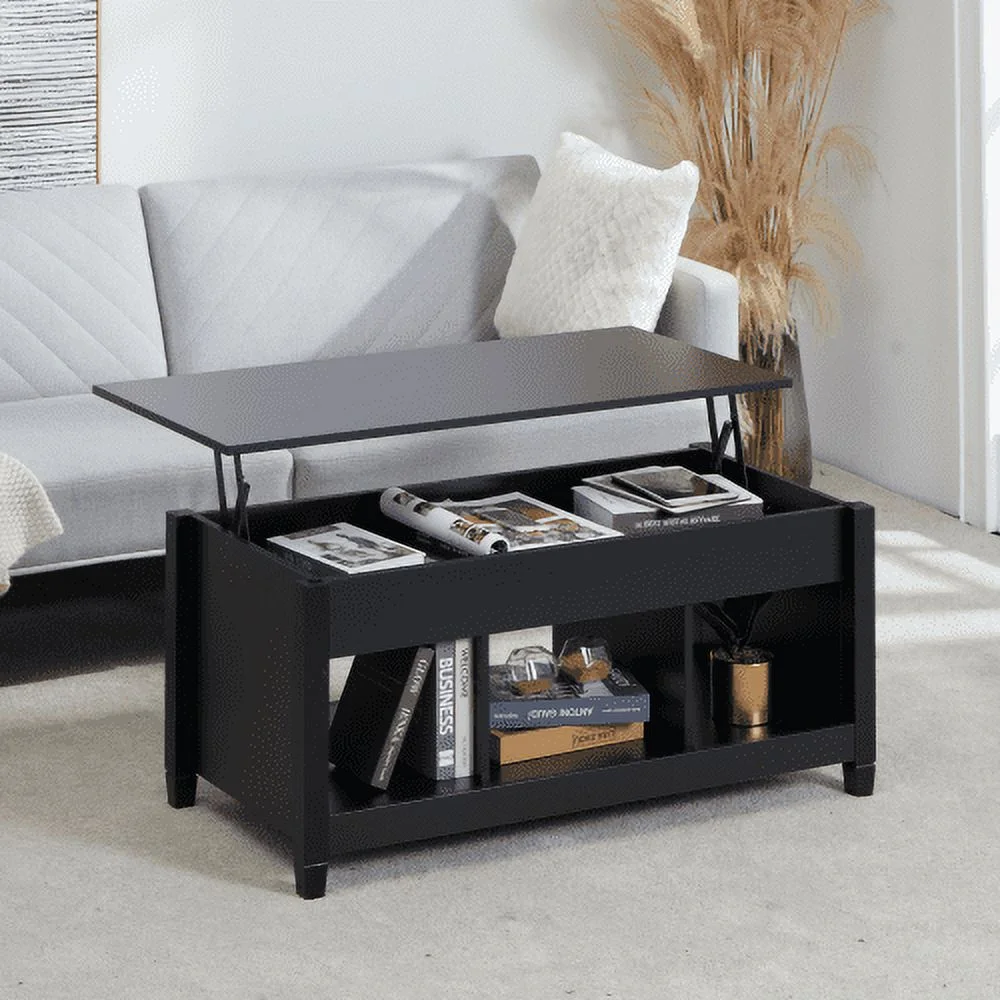 MYDENIMSKY Lift Top Coffee Table, Rising Dining Table Hidden Storage Compartment &3 Open Shelves,Coffee Table Lift Top for Reception & Living Room