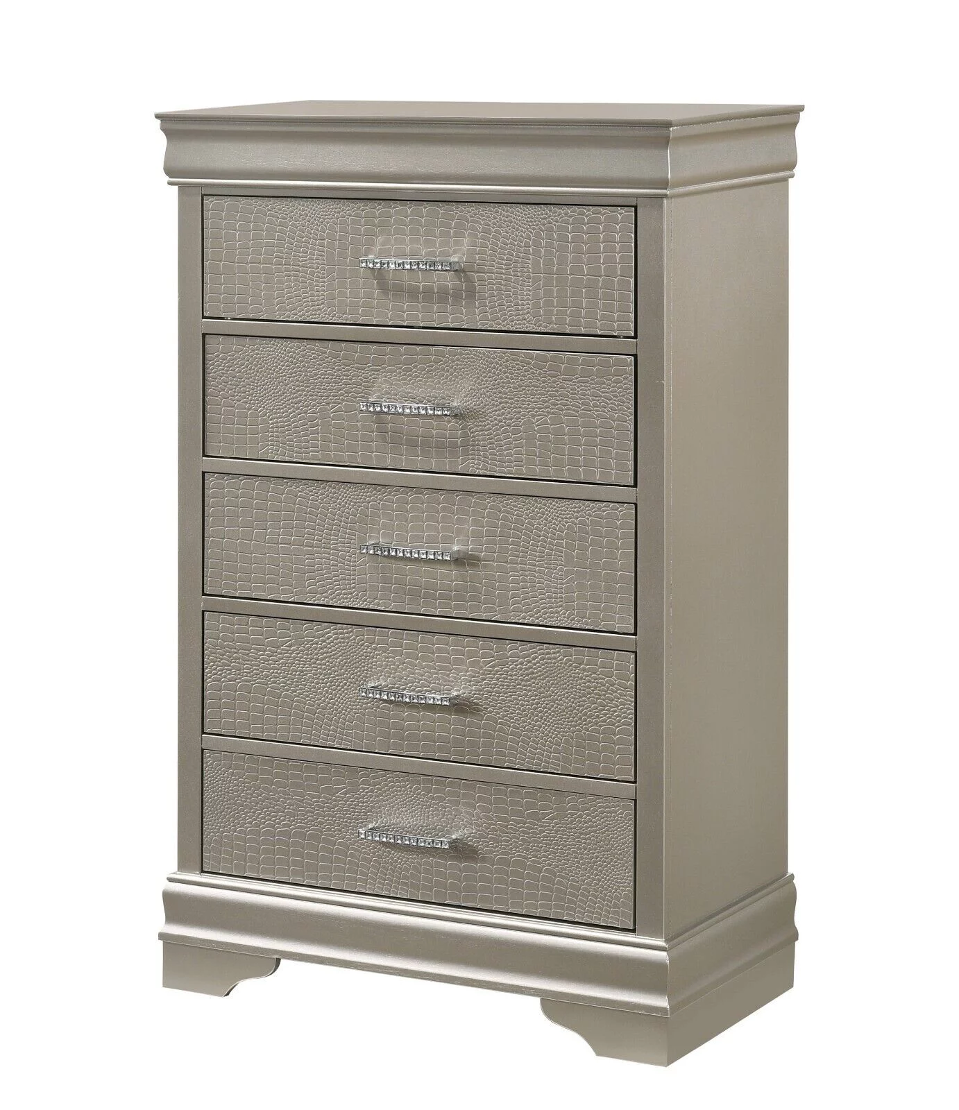 4Pc Silver Finish California King Size Panel Upholstery Bed Dresser Mirror Nightstand Set Wooden Bedroom Furniture