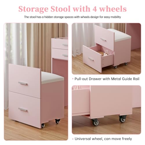 Compact Vanity with 3 Drawers, 3 in 1 Vanity Desk, Makeup Desk with Flip-up 3 Colors Lighting Mirror and Cushioned Stool