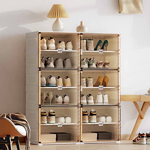 Portable Shoe Rack Organizer for Closet Entryway, Stackable Sneaker Storage Shoe Cabinet with Magnetic Clear Door