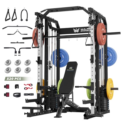 Major Fitness Smith△ Machine Drone2 Premium, All-in-One Home Gym Squat Rack with Aluminum Pulley Set , Weight Bar