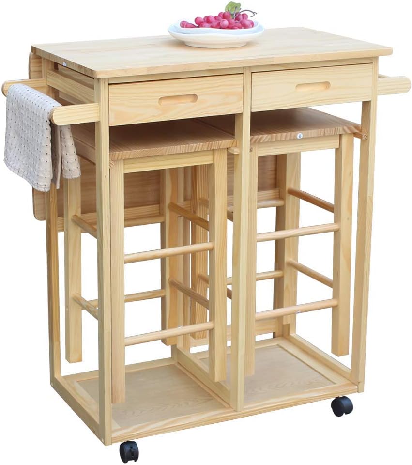 ANEUHS Foldable with Wooden Handle Kitchen Island Trolley Cart with 2 Stools and 2 Drawers Dining Table Set Solid Wood Drop Leaf Table Easy Put