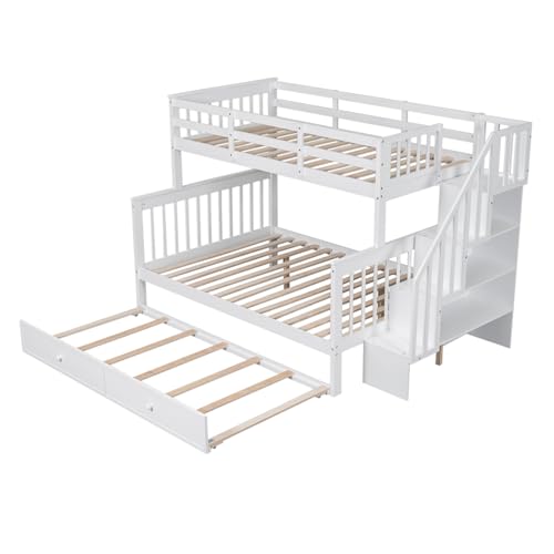 Harper & Bright Designs Twin Over Full Bunk Bed, Wood Twin Over Full Bunk Bed Frame with Trundle and Storage Shelves