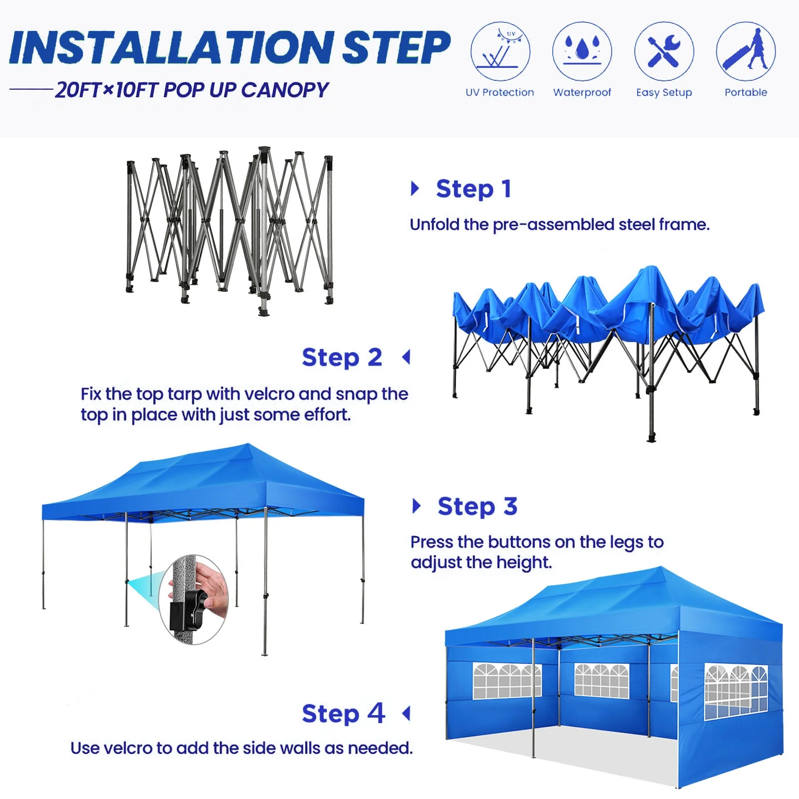 COBIZI 10'x20' Canopy Heavy Duty Pop Up Canopy Tent Outdoor Gazebo Shelter Portable Instant Commercial Tent with 6 Removable Sidewalls&3 Heigh