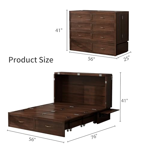 Murphy Bed Cabinet Full, Solid Wood Murphy Bed with 2 USB & 2 Charging Ports, Large Storage Drawer for Home Office or Small Space