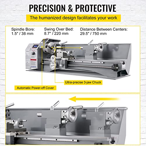 VEVOR Metal Lathe 8.7 x 29.5 Inch/220 x 750MM Mini Metal Lathe 1.1KW Infinitely Variable Speed Mini Lathe Machine LED Screen for Counter Face Turning