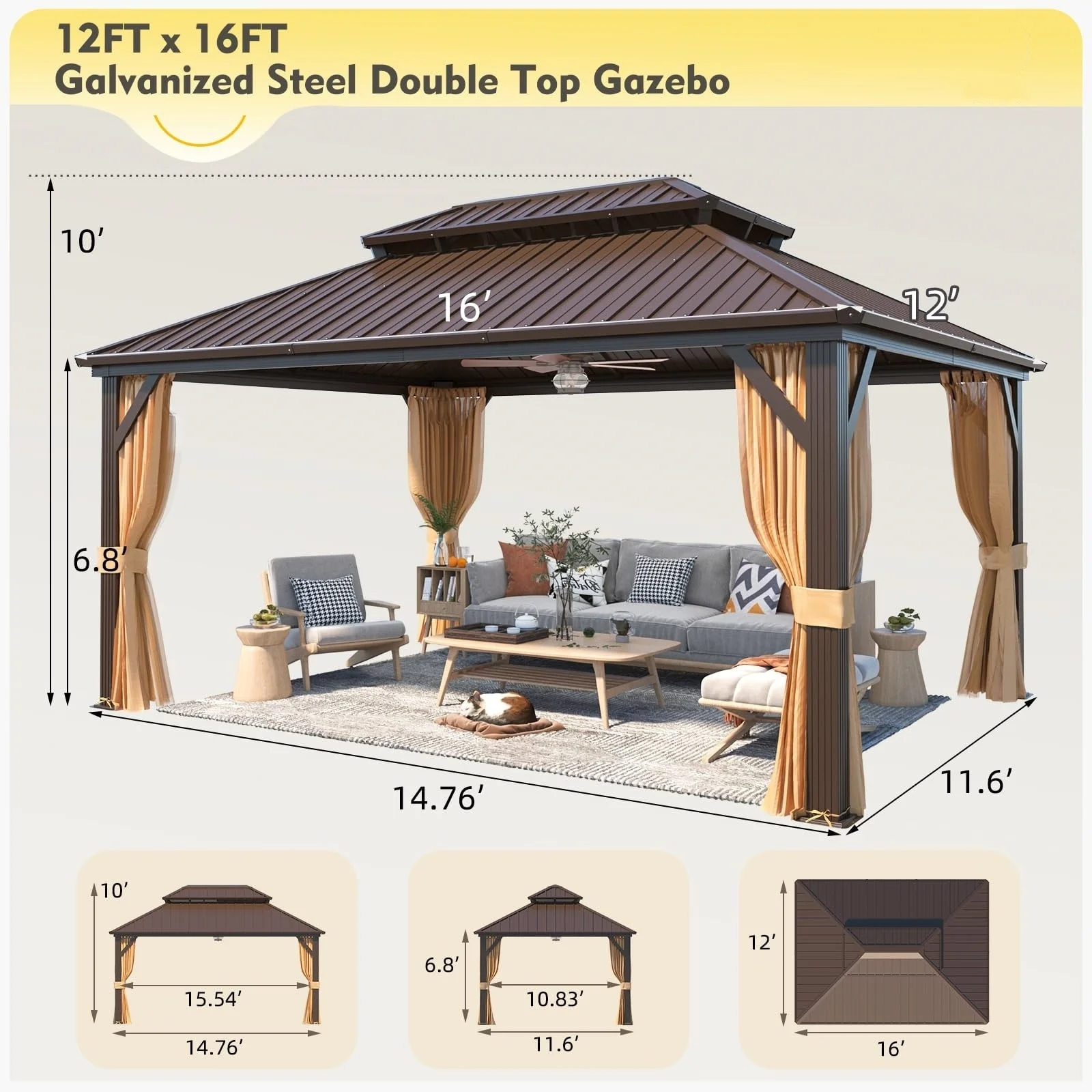 Erommy Outdoor Hardtop Gazebo with Galvanized Steel Double Roof & Aluminum Frame, Outdoor pergola with Premium Curtains and Nettings 12'x16'