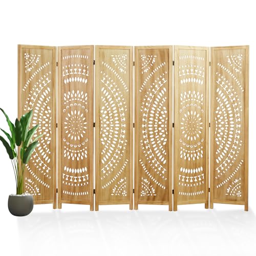 66.9Inch Folding Room Divider, 6 Panels Wood Carved Privacy Screens