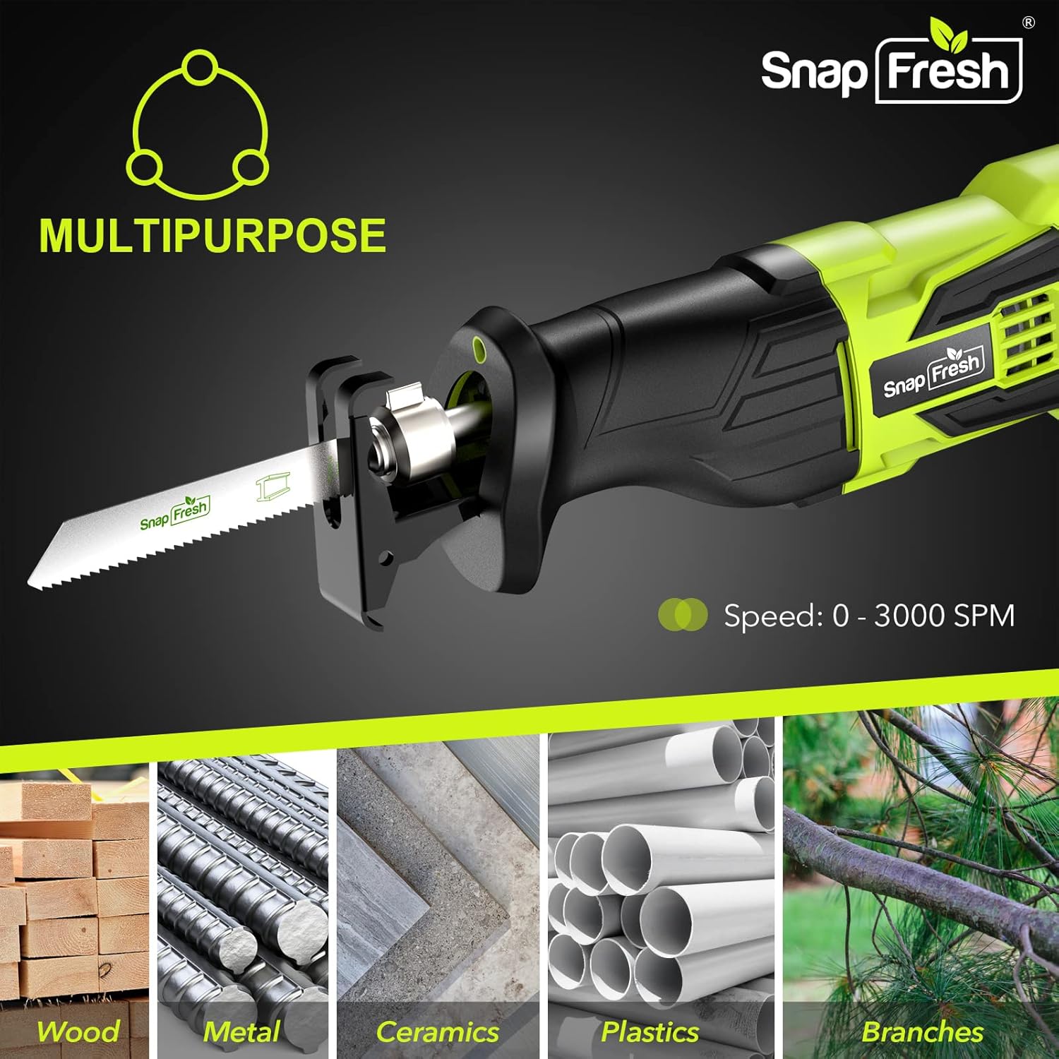 Reciprocating Saw - SnapFresh Cordless Reciprocating Saw for Woods Metal Plastic Cutting, 0-3000 SPM Powerful Motor Reciprocating Saw