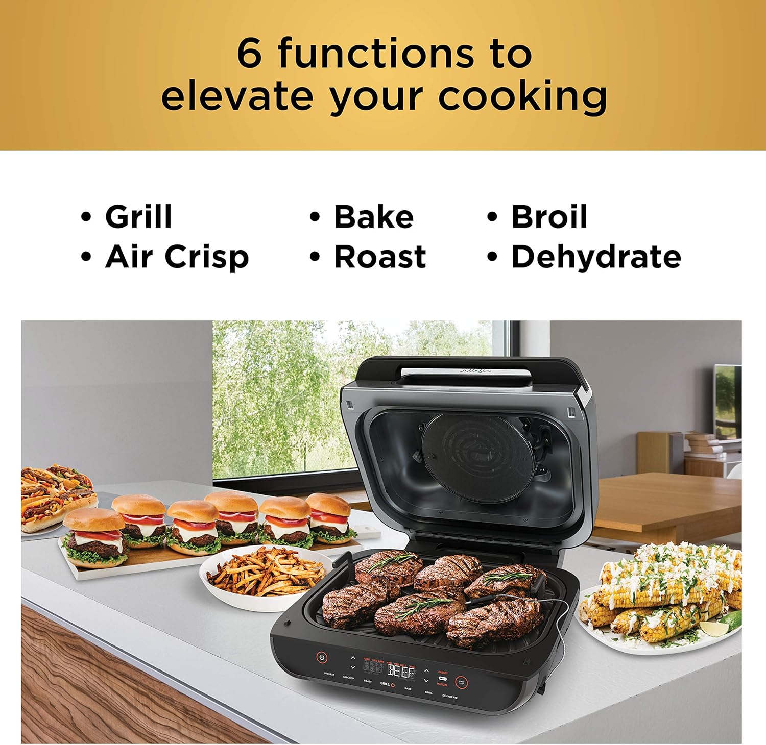 Ninja FG551 Foodi Smart XL 6-in-1 Indoor Grill with Air Fry, Roast, Bake, Broil & Dehydrate, Smart Thermometer, Black/Silver